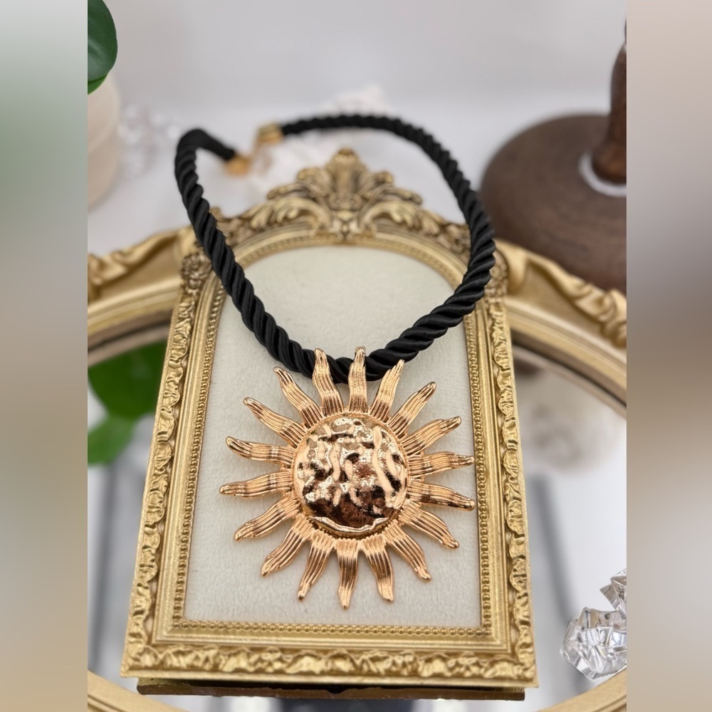 Statement Sun Pendant Necklace – Gold-Tone with Black Cord